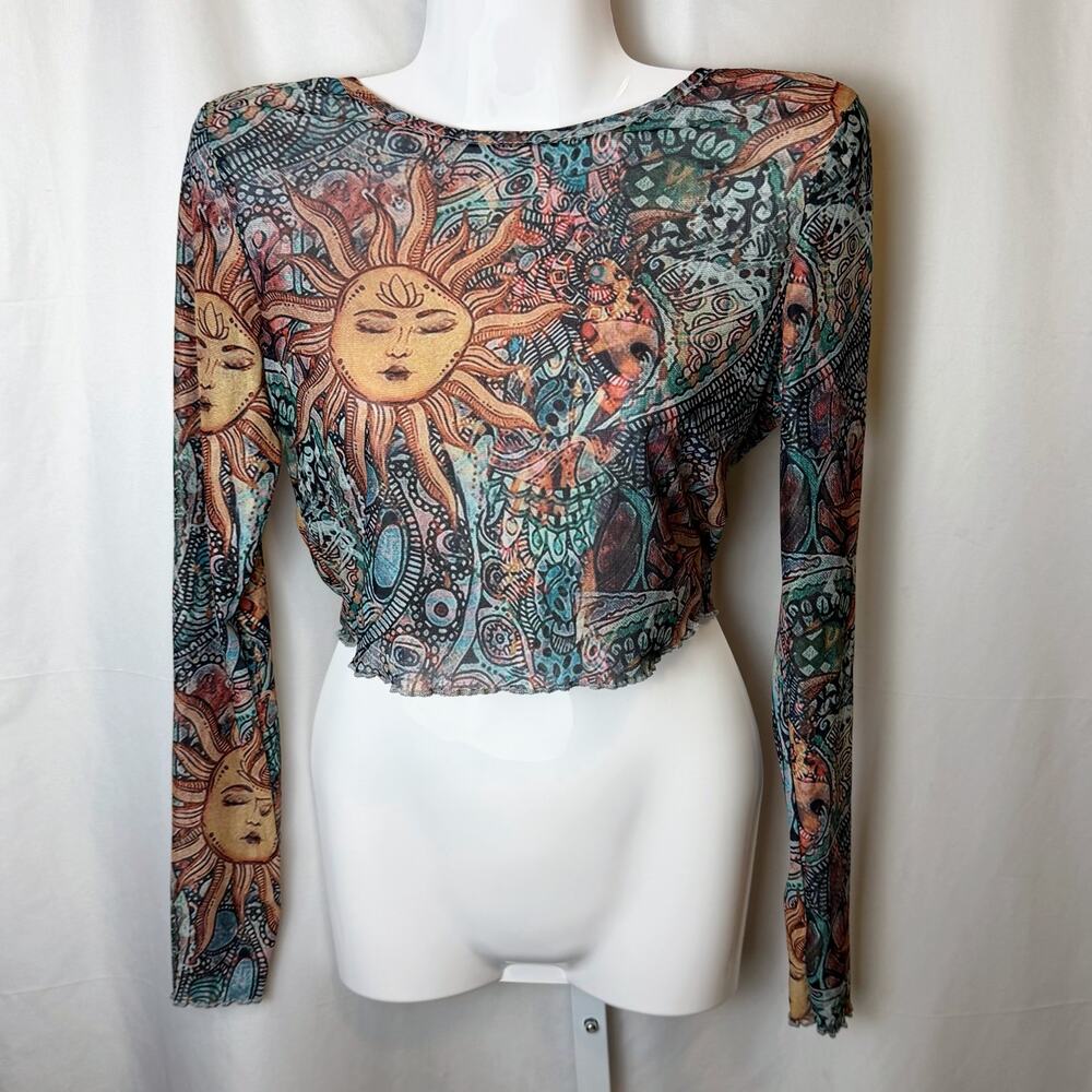 Sheer Mesh Sun‎ Moon Graphic Long Sleeve Cropped Top Multicolor XS/S Boho Rave